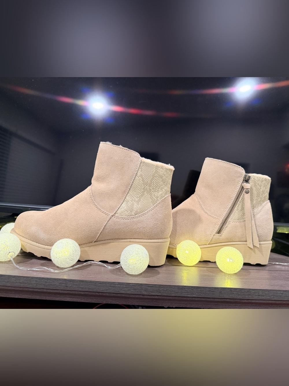 BearPaw Women's Light Beige Suede Ankle Booties with Side Zip